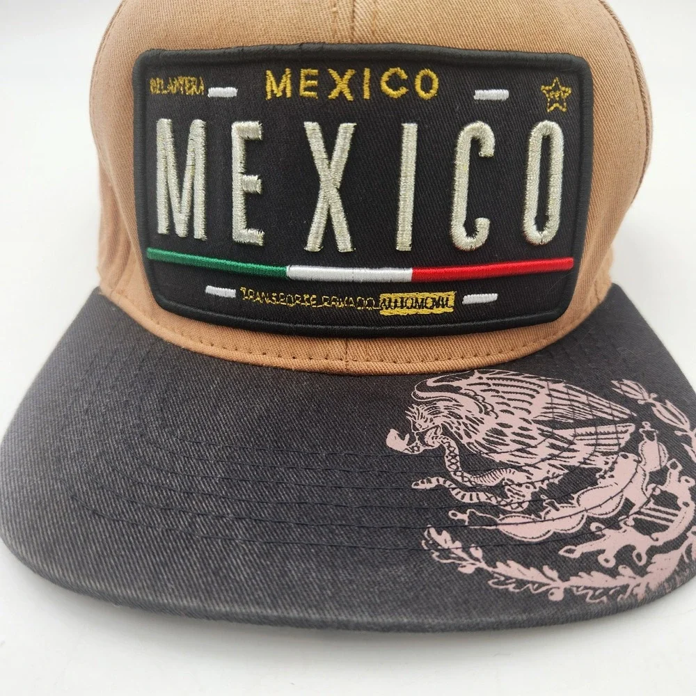 Top Level Mexico Snapback Hat Tan Black‎ Flat Brim Eagle Graphic One Size Mens